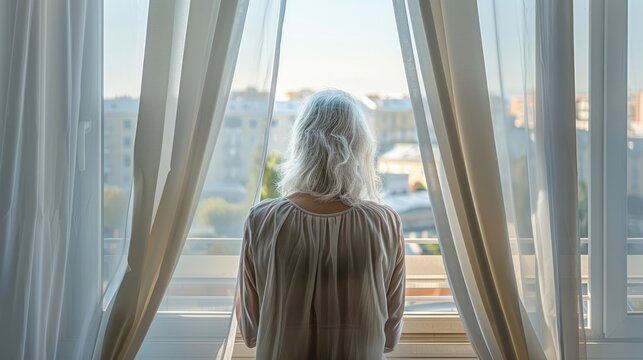 Elderly woman with long white hair standing in front of a window with a view. - Powered by Adobe