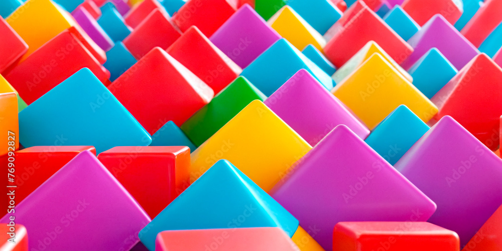 Poster a vibrant array of multi-colored plastic cubes, creating visually striking pattern. the playful colo