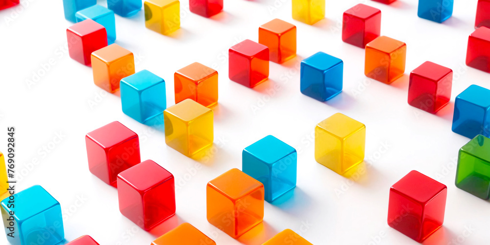 Poster a vibrant array of multi-colored plastic cubes, creating visually striking pattern. the playful colo