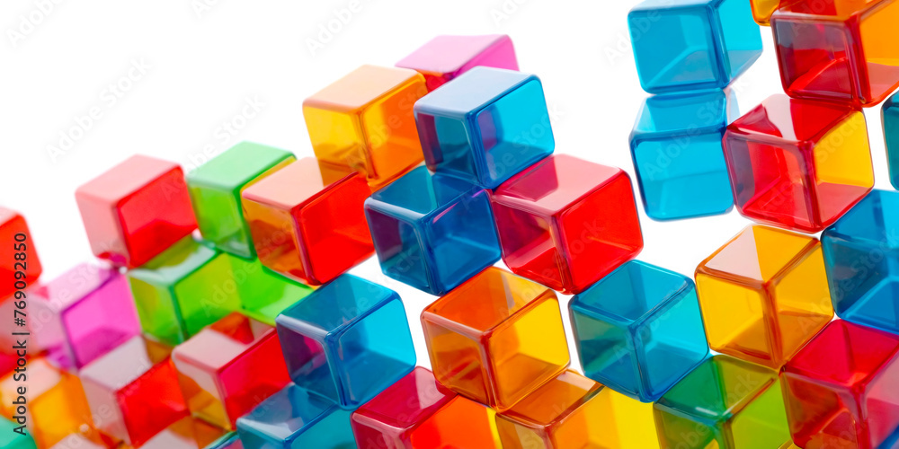 Poster a vibrant array of multi-colored plastic cubes, creating visually striking pattern. the playful colo