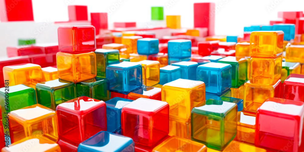 Poster a vibrant array of multi-colored plastic cubes, creating visually striking pattern. the playful colo
