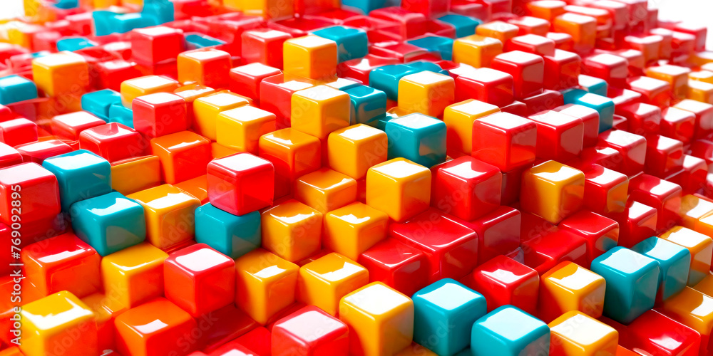 Poster a vibrant array of multi-colored plastic cubes, creating visually striking pattern. the playful colo