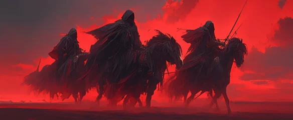 Deurstickers 4 cloaked figures riding horses in the desert, red black grey white color palette © Photo And Art Panda