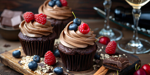 Chocolate cupcake decorated with fresh fruits and berries muffin with creamy chocolate cream close...