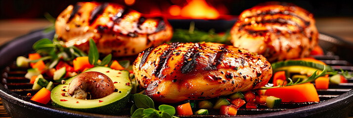 Roasted Chicken Fillet with Fresh Salad, Gourmet Meal, Healthy Cuisine, Wooden Background