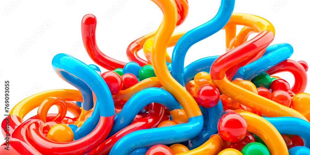 Poster this image captures a vibrant array of multi-colored plastic balls, interconnected in a dynamic netw