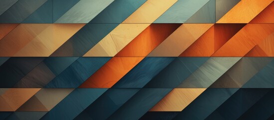 A close up of a vibrant geometric pattern on a wall with colorful triangles and rectangles in shades of electric blue, yellow, and wood grain lines - obrazy, fototapety, plakaty