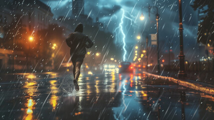 A person running through a rain-soaked street with lightning striking nearby, creating a sense of...