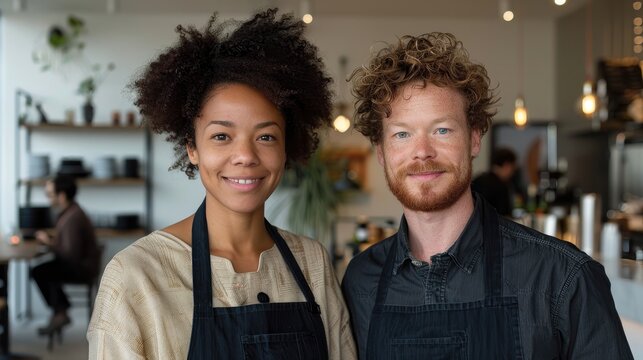Two smiling baristas in an urban coffee shop setting. - Powered by Adobe