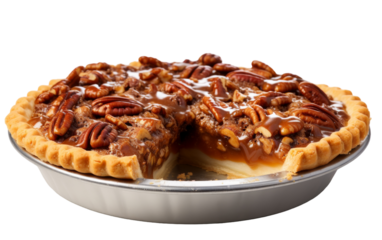 A luscious pecan pie with a triangular slice removed, revealing its rich, nutty filling and golden crust