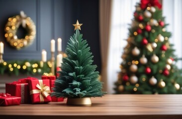 Christmas trees on a wooden table against a festive background.Christmas Greeting Card