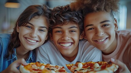 Happy teenagers posing with slices of pizza, having fun together.