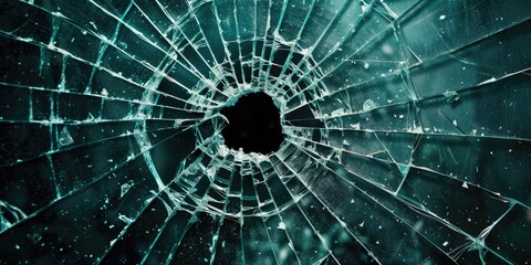 Broken glass on dark background with hole, close up photo	
