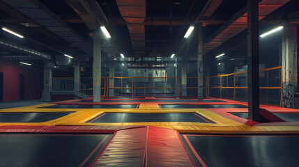 Spacious Indoor Trampoline Park With Multiple Trampolines - obrazy, fototapety, plakaty