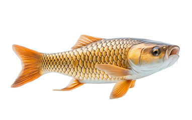 A graceful goldfish gracefully swims against a stark white background