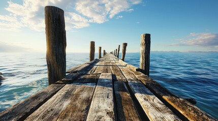The wooden pier extends into the ocean and is supported by wooden columns. The sky is blue with...
