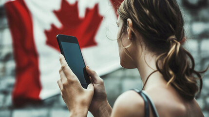 Woman with mobile phone with Canadian flag on the background on the street