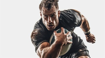 A male rugby player in a black uniform is holding a rugby ball and running.