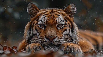Close-up of a tiger's face resting on its paws with a focused gaze, raindrops falling around