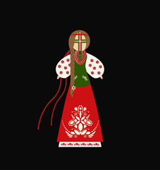 Motanka doll. Vector illustration for card, banner, and poster. Bright drawing with a traditional doll. Motanka doll wearing an embroidered costume