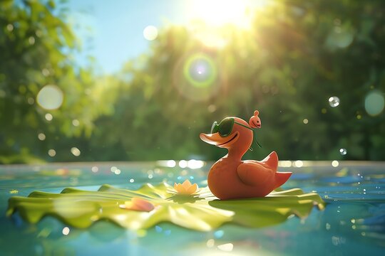 a whimsical 3D scene featuring a clay animation-style red duck, adorned with sunglasses, enjoying a sunny day on a lotus leaf in a sparkling swimming pool under the natural sunlight