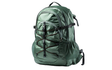 A green backpack with black straps rests on a mossy log in a magical forest