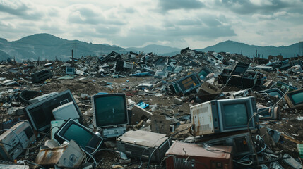 Pile of Old Televisions on Rubble - obrazy, fototapety, plakaty