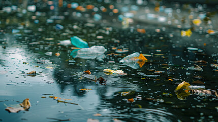 Mass of Trash Floating on River - obrazy, fototapety, plakaty