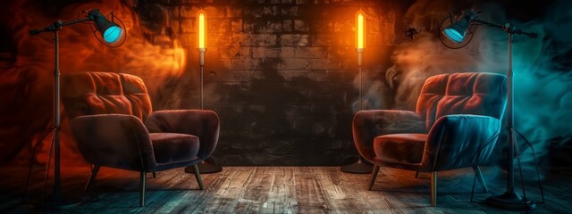 two chairs and microphones in podcast or interview room on dark background as a wide banner for media conversations or podcast streamers concepts with copyspace