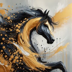 peinture acrylique, un cheval noir sur un fond gris dégradé , fait au couteau, des tache fait au pinceau, des coulures 