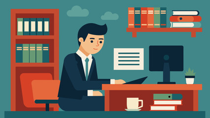 A lawyer typing up a contract on a computer with shelves of law textbooks and files in the background.