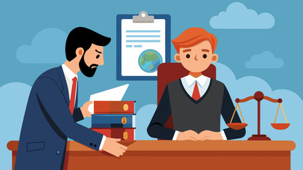 A courtroom scene with a lawyer representing a business client in a contract dispute case. - obrazy, fototapety, plakaty