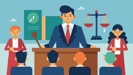 A lawyer giving a presentation in front of a panel of judges and jury using visual aids to support their argument in an employment law case.