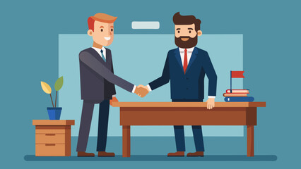 Behind a wooden desk two lawyers stand facing each other their outstretched hands linked together in a handshake as they seal the deal.