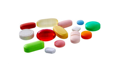 Set of colorful pills and tablets.