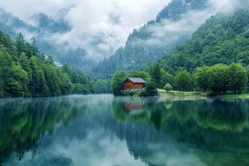 Foto op Plexiglas a cabin is sitting on a small island in the middle of a lake surrounded by mountains © Gromik