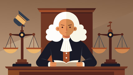 A courtroom scene with a judge sitting behind the bench wearing a powdered wig and holding a gavel. In the foreground a table displays a pair