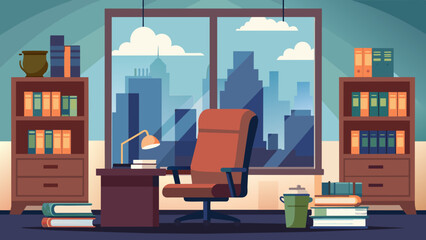 A shot of a lawyers private office with a plush leather chair facing a large window with a view of the city a bookcase filled with legal texts