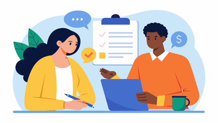 Fototapeta premium Two people review the terms of a debt settlement agreement carefully considering the legal implications of their financial decisions.