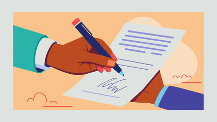 Naklejka premium A closeup image of a persons hand holding a pen and carefully signing a property deed document. The signature line is highlighted with the