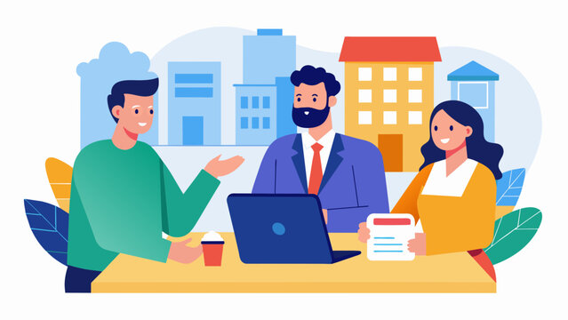 A financial advisor and a lawyer advising a client on the tax implications and legal requirements of investing in a commercial property.