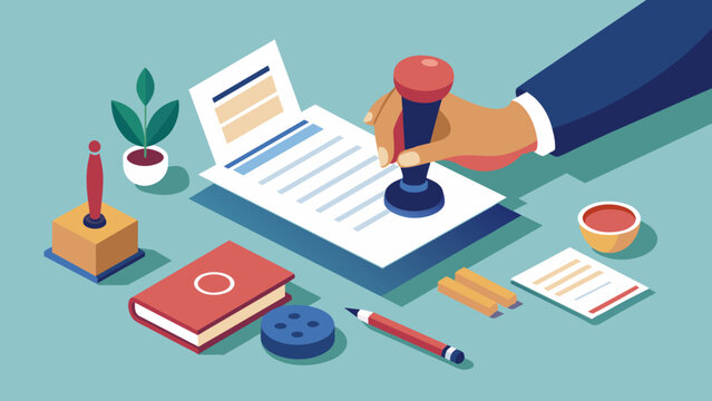 A handson image of a person physically stamping a property deed with a notary seal using a special ink pad and a stamp. The deed is positioned