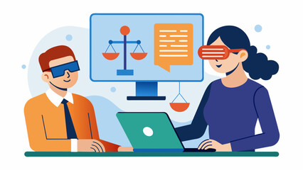 A visually impaired individual using a screen reader to navigate through a website with a lawyer sitting beside them providing legal advice.