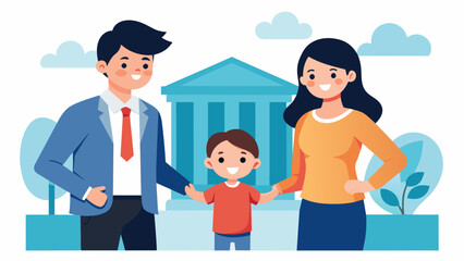 A smiling couple holding hands accompanied by a child standing outside a courthouse after successfully completing the adoption proceedings with