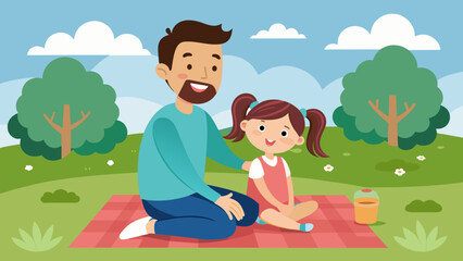 A father and his adopted daughter sitting on a picnic blanket in a park laughing and playing together with pure joy on their faces.