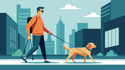 An illustration of a guide dog leading a blind person through a busy city street symbolizing the important role of service animals and the
