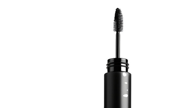 Sophisticated mascara with a sleek black tube, highlighting its lengthening and volumizing effects in perfect lighting for imaging against a seamless white background