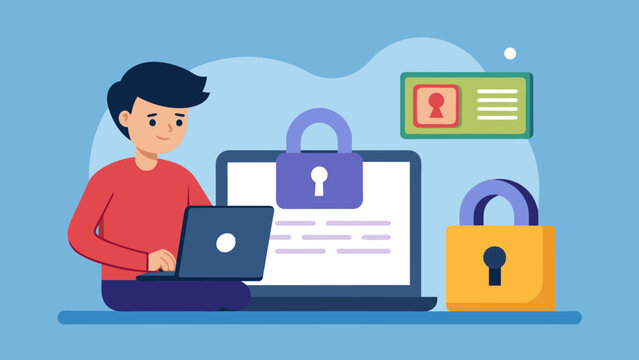 A person locking a padlock on a laptop representing the importance of securely storing personal information and using strong passwords to deter