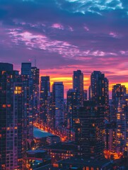 The bustling city of Toronto illuminated by the warm glow of sunset, featuring the iconic CN Tower piercing the sky.
