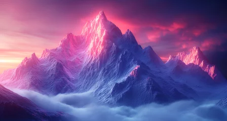 Poster Paysage fantastique 3d render of abstract art 3d background surreal landscape with big fantasy magic mountains with neon glowing blue purple and red gradient color light inside